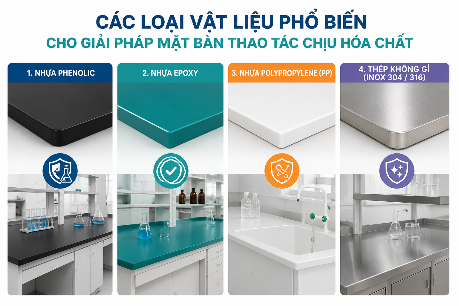Các loại vật liệu phổ biến cho giải pháp mặt bàn thao tác chịu hóa chất