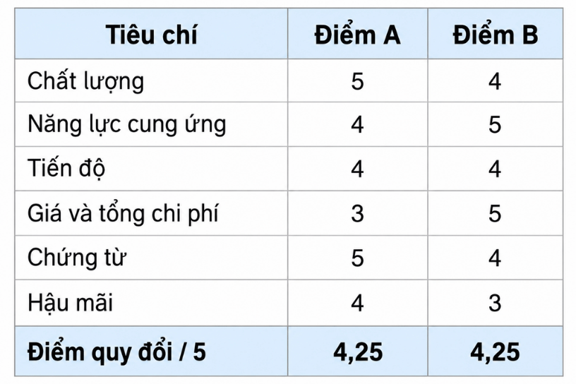 Bảng so sánh điểm đánh giá nhà cung cấp nhựa kỹ thuật theo 6 tiêu chí lựa chọn