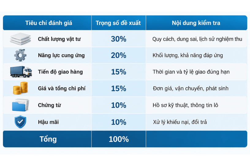 Bảng tiêu chí đánh giá và lựa chọn nhà cung cấp nhựa kỹ thuật cho hợp đồng dài hạn