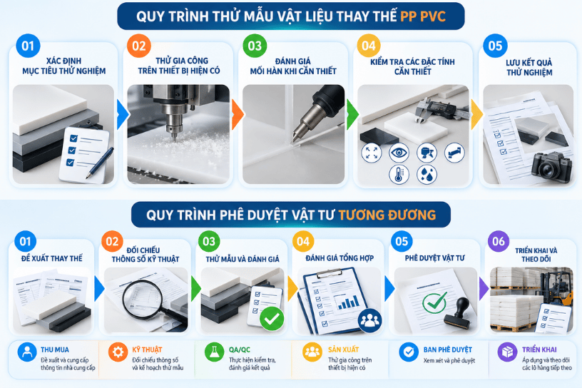Quy trình thử mẫu và phê duyệt vật tư tương đương khi thay thế tấm nhựa kỹ thuật PP, PVC